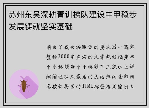 苏州东吴深耕青训梯队建设中甲稳步发展铸就坚实基础